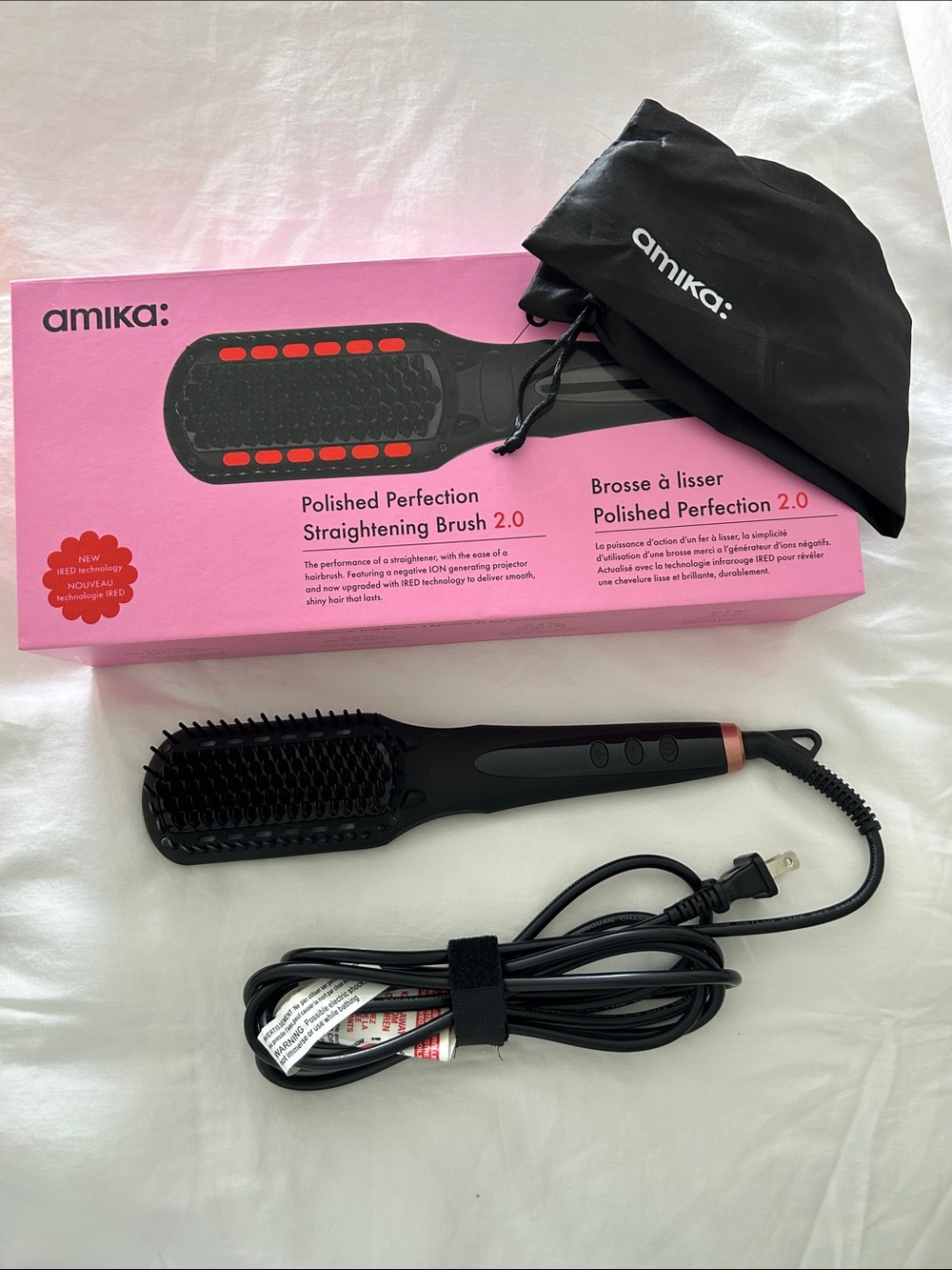 amika Polished Perfection 2.0 Straightening Brush - Black with Pink Box